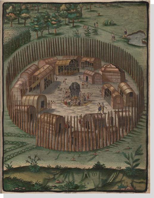 {“Their Seetheynge of Their Meate in Earthen Pottes."    Theodor de Bry's engraving of two American Indians cooking over a fire, published in Thomas Hariot's 1588 book “ Briefe and True Report of the New Found Land of Virginia.}
